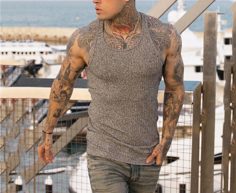 Pit Stripes Knitted Y Back Fitness Tank Tops Mens Bodybuilding Stringer Singlets Slim Fit Muscle Sleeveless Shirt Gym Clothing