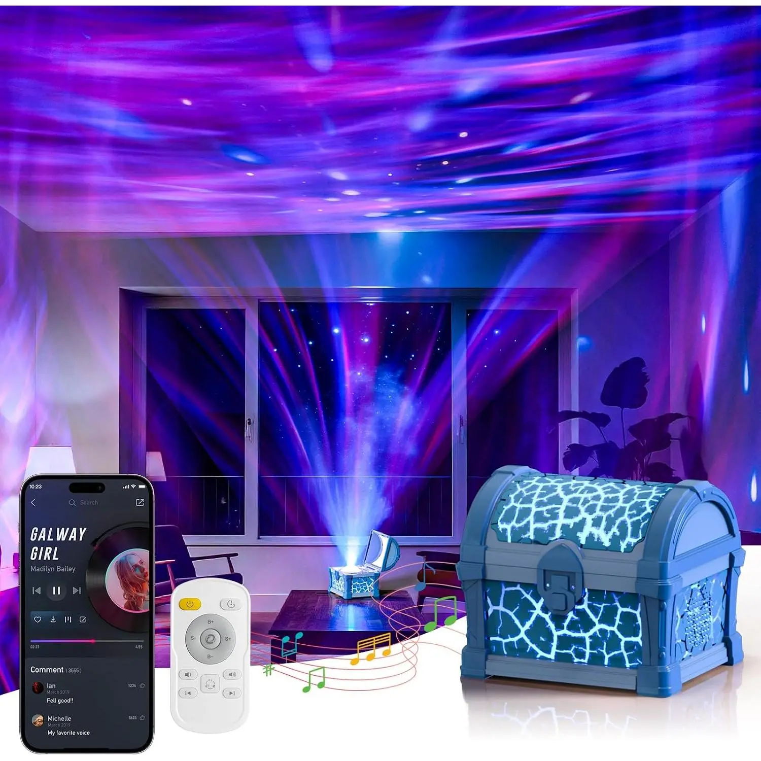 Northern Light Galaxy Projector Treasure Chest Projection -  Projectior with White Noise and  Speaker, Night Light Boy Room Decor,  for  Teen (Blue)