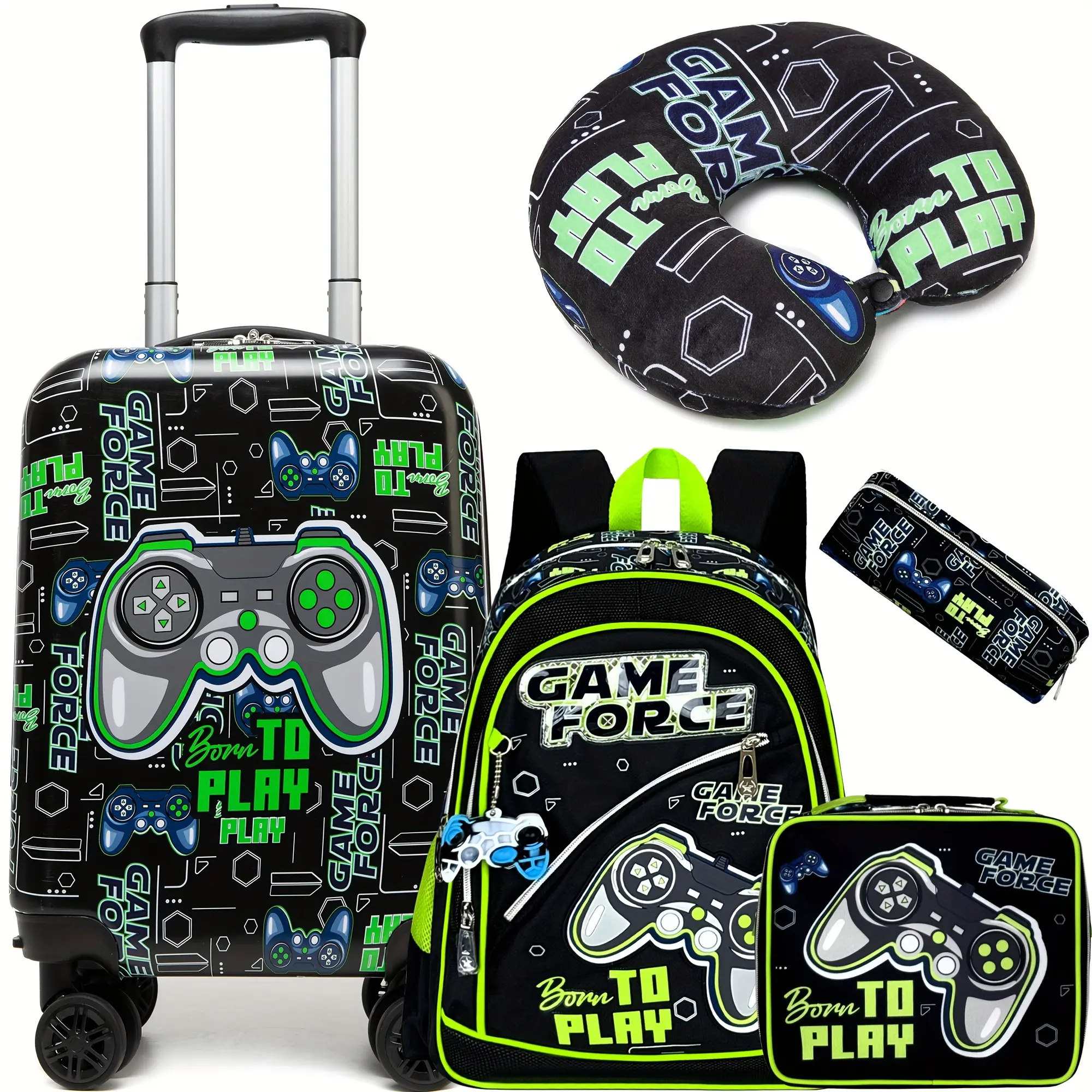Boys Cool Black Neon Green Gamer Controller Hardshell Luggage 5 Pcs Set | Game Force Rolling Carryon Suitcase with Matching Backpack, Lunch Bag & Pencil Case | Kids Travel Combo 2026