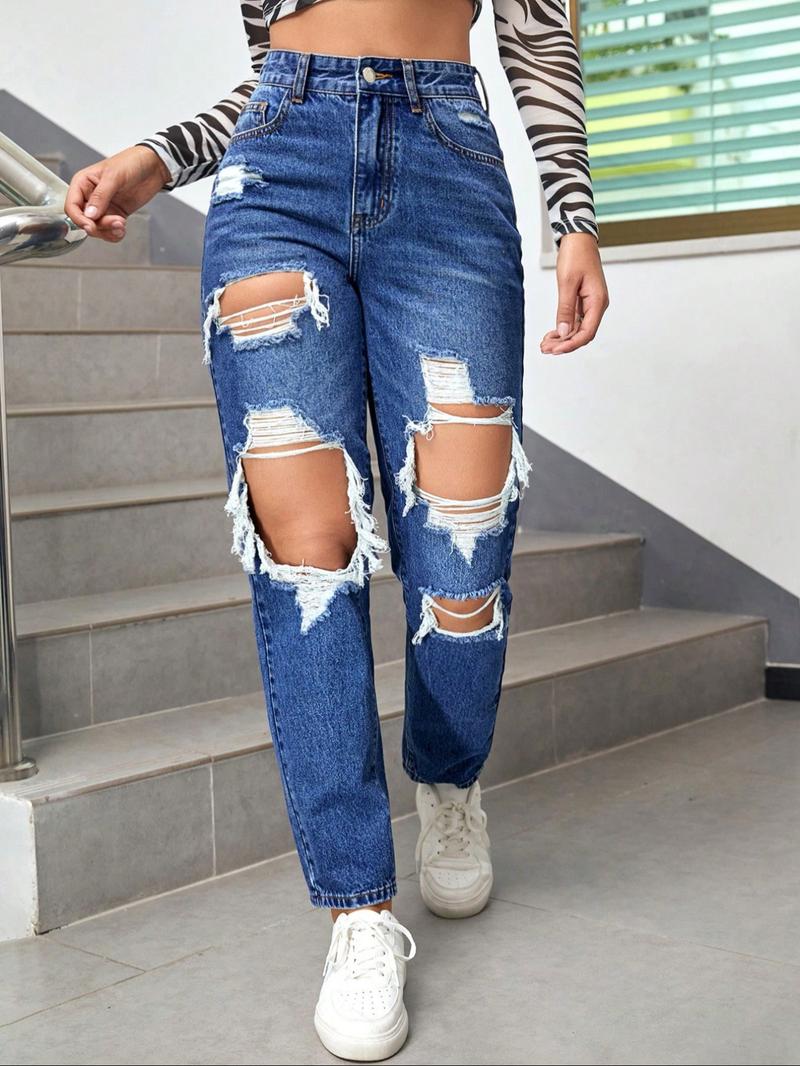 Women's High-Waisted Straight Leg Ripped Jeans Pants, Casual Comfortable Street Style Spring Fashion, Fitted Long Regular Fit