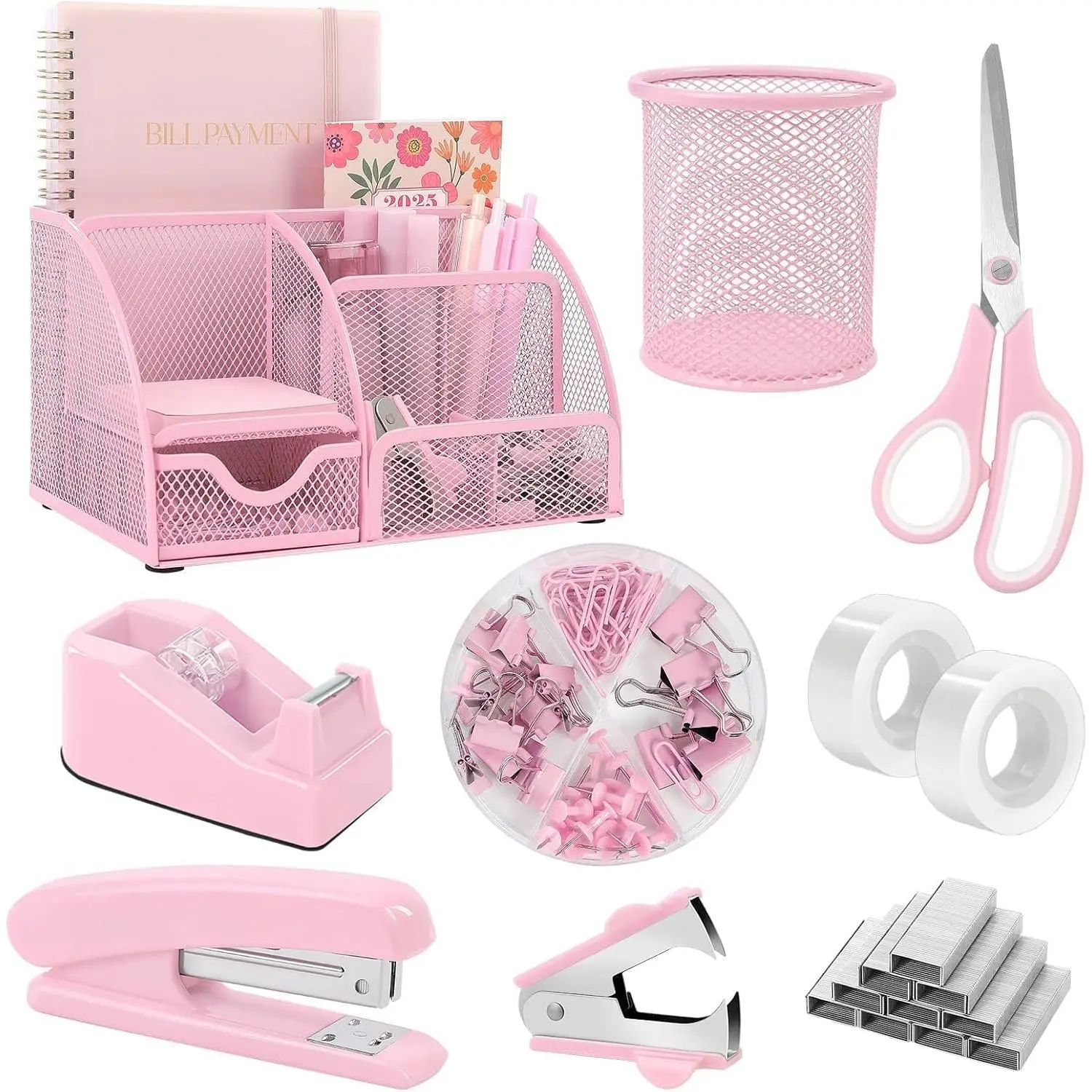 Desk Accessories,  Office Supplies Set | Mesh Desk Organizer, Stapler, Tape Dispenser, , Binder/Paper Clips and 1000 count , Desk Organizer for Women
