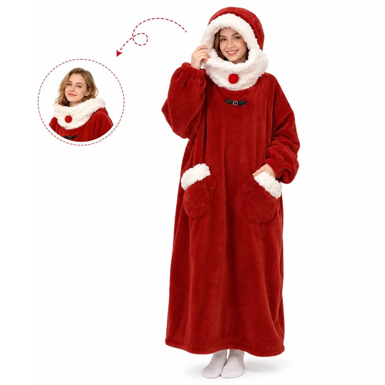 Unisex Adult Christmas Santa Wearable Blanket Hoodie, Long Plush Fleece Robe, Cozy Xmas Costume Loungewear for Women Men