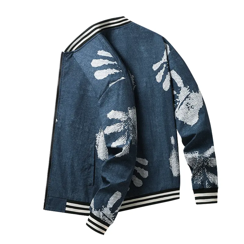 Men Denim Blue Floral Print Baseball Bomber Jacket, Abstract White Flower Pattern Casual Outerwear, Striped Rib Cuff & Hem Zip Up Windproof Coat, Lightweight Street Jacket for Men, Ideal for Urban Street Style, Daily Outings and Spring Autumn Outfits