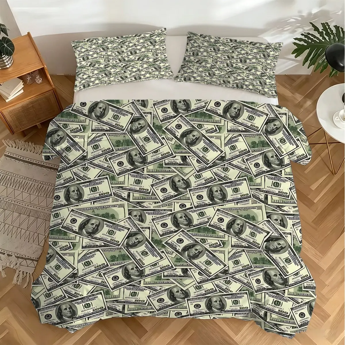 Dollar Bill Pattern Duvet Cover Set, 2/3Pcs Digital Print Bedding Set, Soft Microfiber Fabric, Machine Washable, Wealth Hustle Masculine Bedroom Decor. 1 or 2 Pillowcase, No Filling