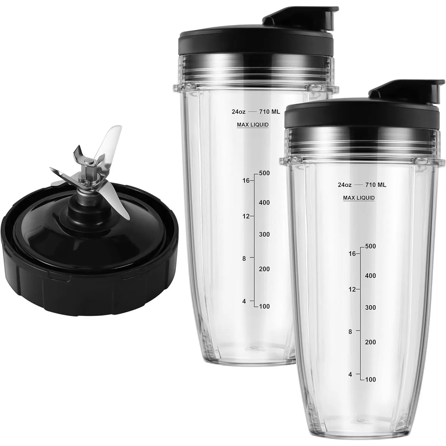 Blender Replacement Parts Kit - 24oz Round Plastic Cups with Lids, 7-Fin Extractor Blade Compatible with BL480, BL640, BL642 BL Series (7-Fin Systems Only), Bl Series Users