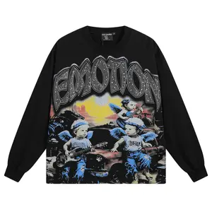 MIXED EMOTION Black Long Sleeve Rhinestone Print T-shirt Men | Crewneck Hip Hop Oversized Tops, Y2K Streetwear Tees for Men, Perfect for Everyday Wear & Holiday Gift