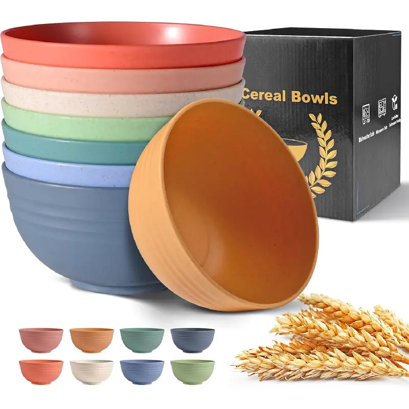 Eco-Friendly Round Wheat Straw Tableware Bowls Set of 8 - BPA-Free, Unbreakable, 26oz, Multicolor, Microwave & Dishwasher Safe, Withstands 212°F, for Daily Cooking, Classic Blue