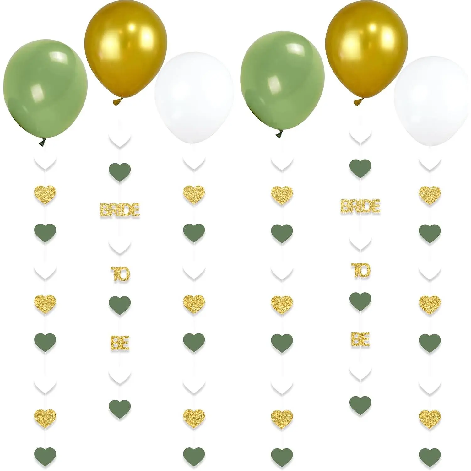 Sage Green Bride-to-Be Party Decor Kit, Green-White Heart-Shaped Latex Balloon Garland with Glitter Cards for Bridal Shower Bachelorette Party