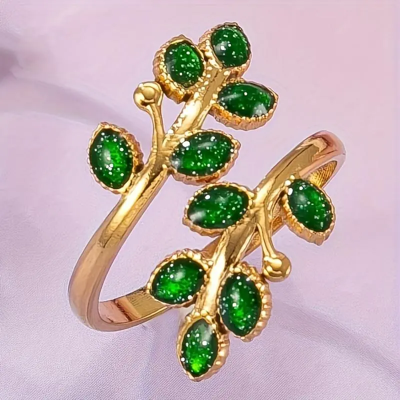 1pc Stainless Steel 18k Gold Plated Bohemian Multi-Colored Leaf Open Drip Ring, Suitable for Women's Daily Wear or as a Gift