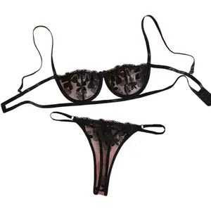 Embroidered Mesh Lingerie Sets for Women Sexy Half Cup Bra and Panty Underwire Push Up Bra Underwear Set XXS-4XX()