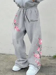 Y2K Street Style Casual Summer Sakura Floral Flower Print Pants, Loose-Fitting Wide Leg Adjustable Drawstring Long Pants, Unisex Fashion for Streetwear, Bottom, Trouser