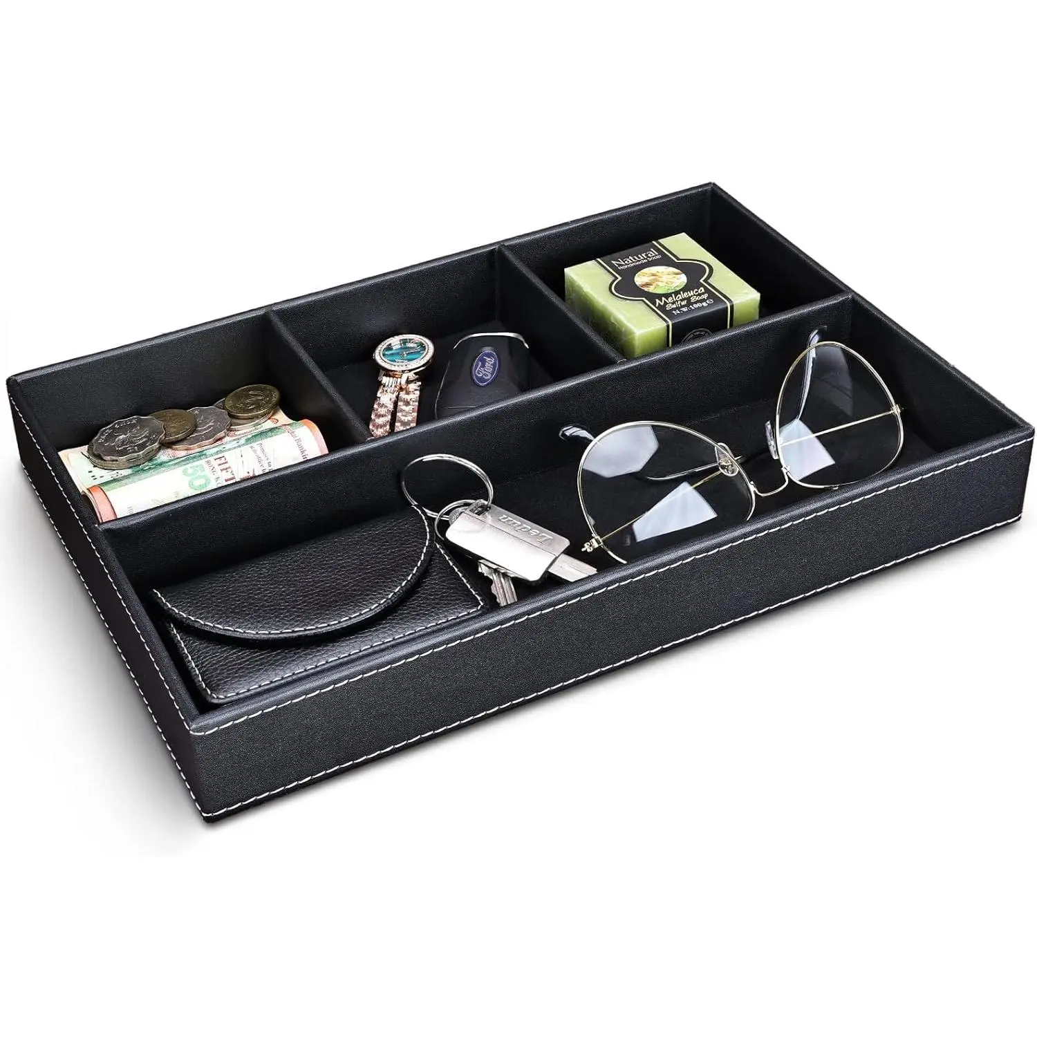 Faux Leather Valet Tray for Men, Stackable Jewelry Trays Drawer Organizer Tray Nightstand Organizer for Men, EDC Tray for Key, Wallet, Sunglass, Watch, Coin, Phone, Cologne - Black