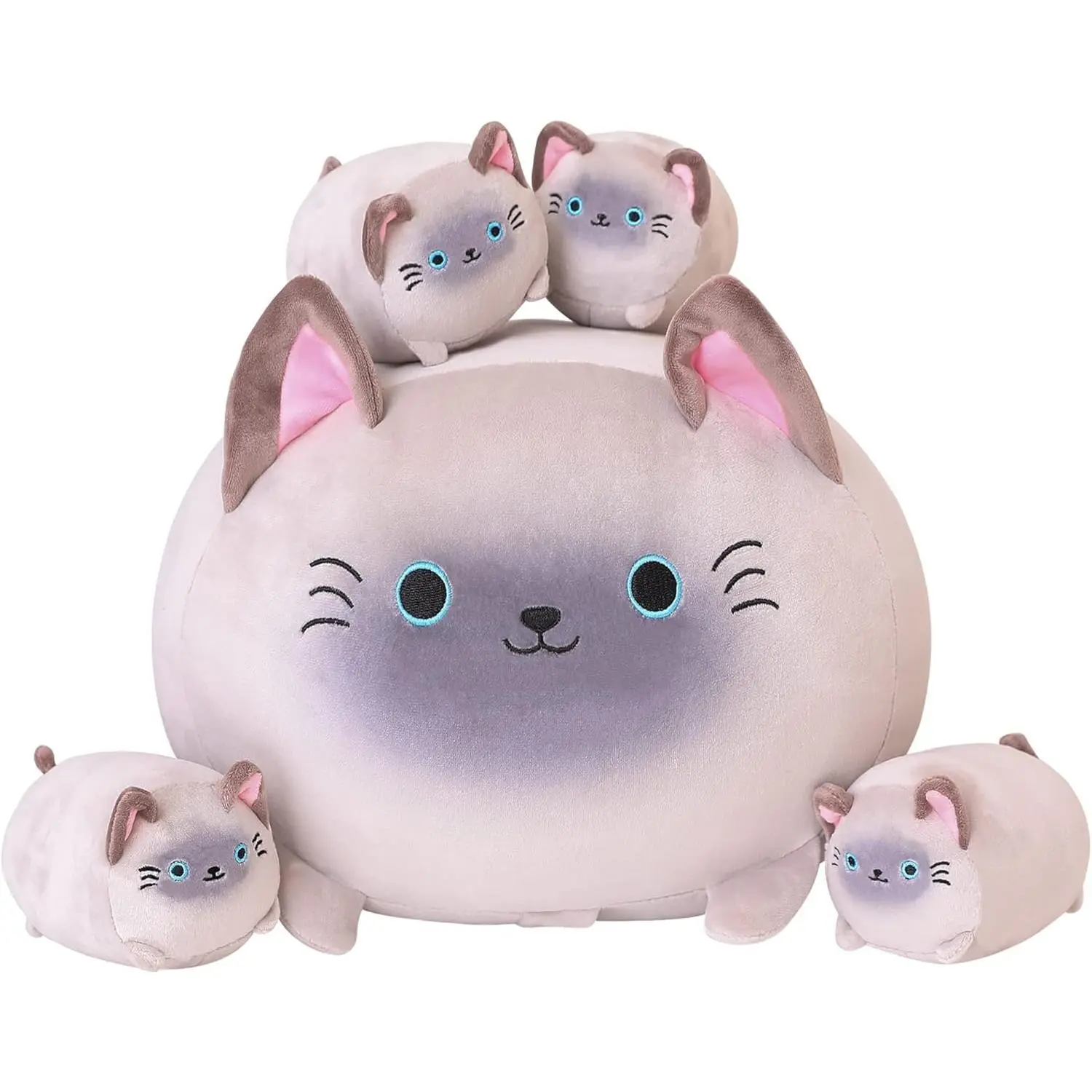 SQEQE Soft Siamese Cat Cute Plush Family Set with Panda-Inspired Charm - High-Quality PP Cotton Filling Mommy Cat, 4 Squishy Kitten Babies, Stress Relief Toy Pillow, Kids' Gift, Blow to Restore Shape, Gentle Pat Feature