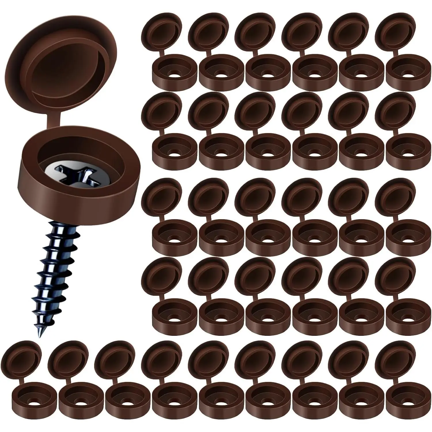 Plastic Hinged Screw Covers | Brown, Snap Washer Caps with Flip Tops, Rust Protection (100 PCS, L)