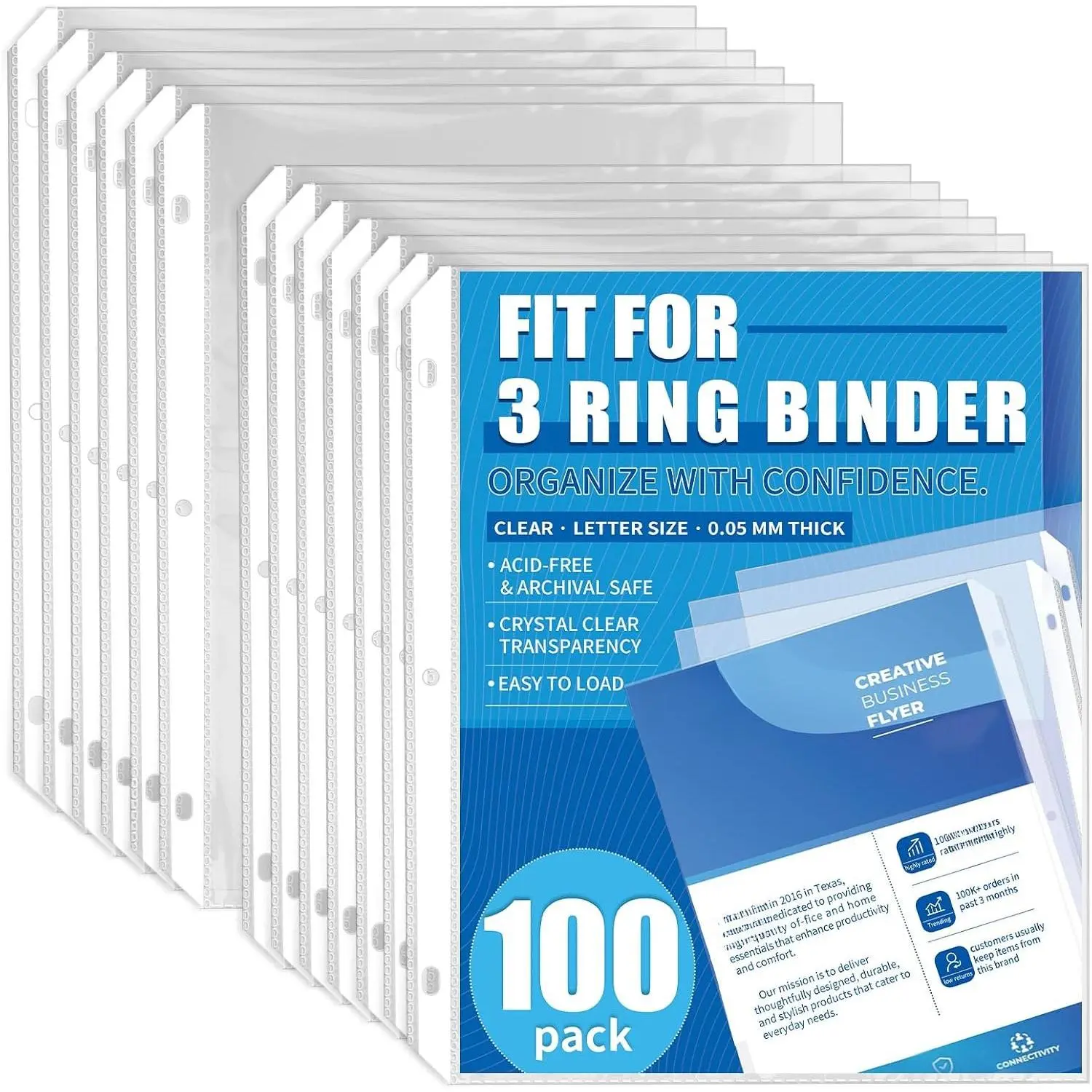 100 Pack Sheet Protectors for 3 Ring Binder - Clear Page Protectors & Plastic Sleeves for Paper 8.5x11 Inch, Binder Sleeves and Paper Protector Sheet for Document, Letter Size, Top Loading