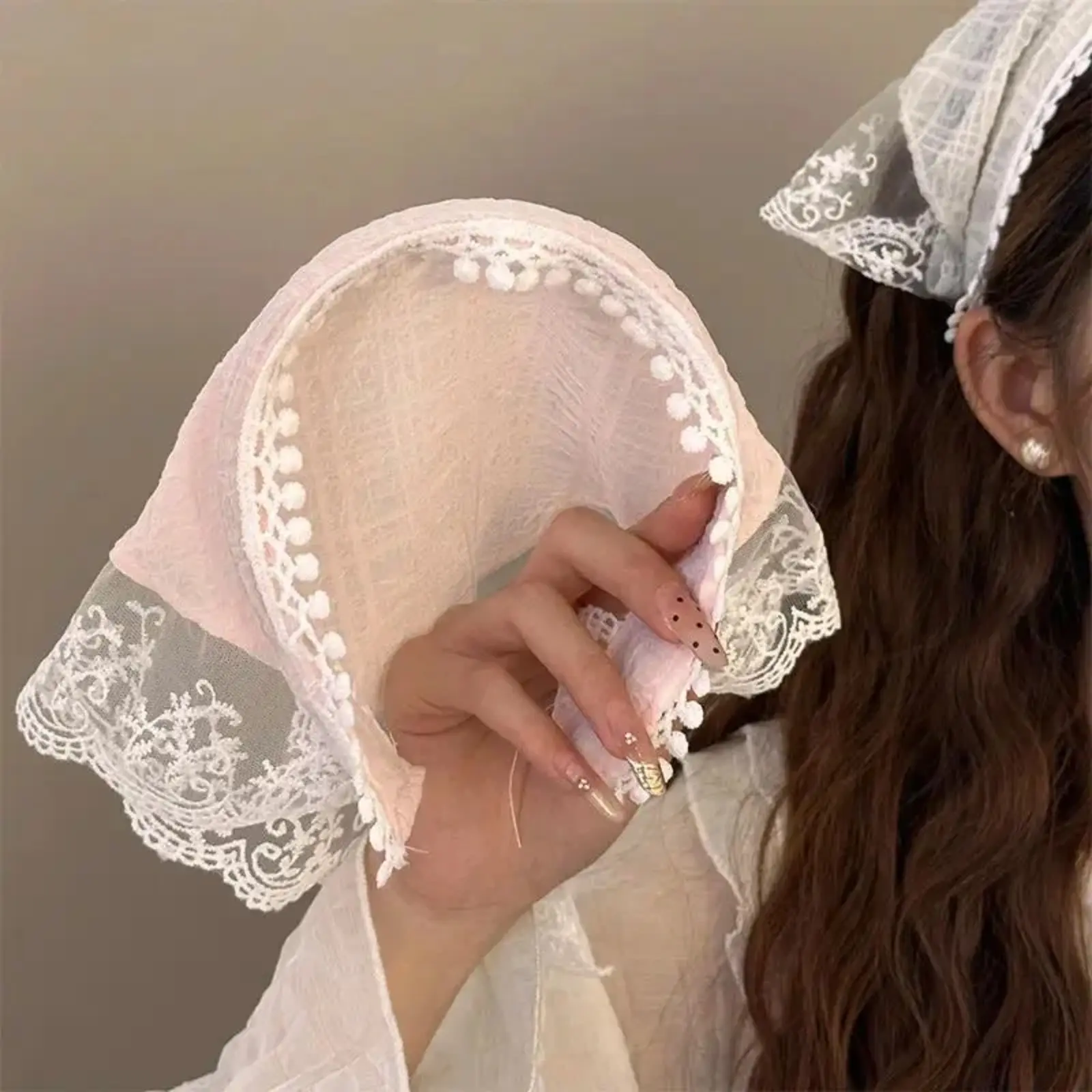 3Pcs French Style Headbands, versatile lace triangle scarves with delicate trims. Elegant pastoral design, can be used as hair accessories or small shawls for daily styling.