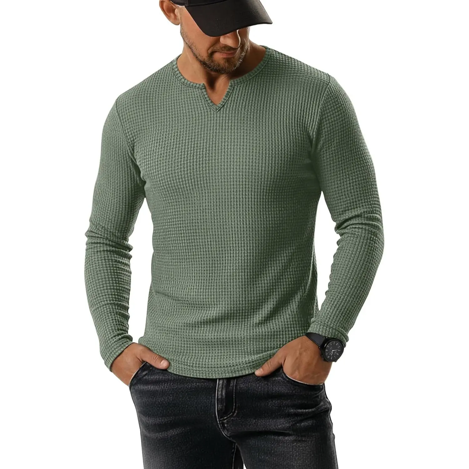 August Alley Men's Waffle V Neck Shirt Long Sleeve Thermal Pullover Top Casual Stretch Lightweight Undershirt