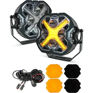 Offroad LED Pod Lights - Clear X-Style White/Amber DRL Front Bumper Light Bars for Automotive & Motorcycle Use