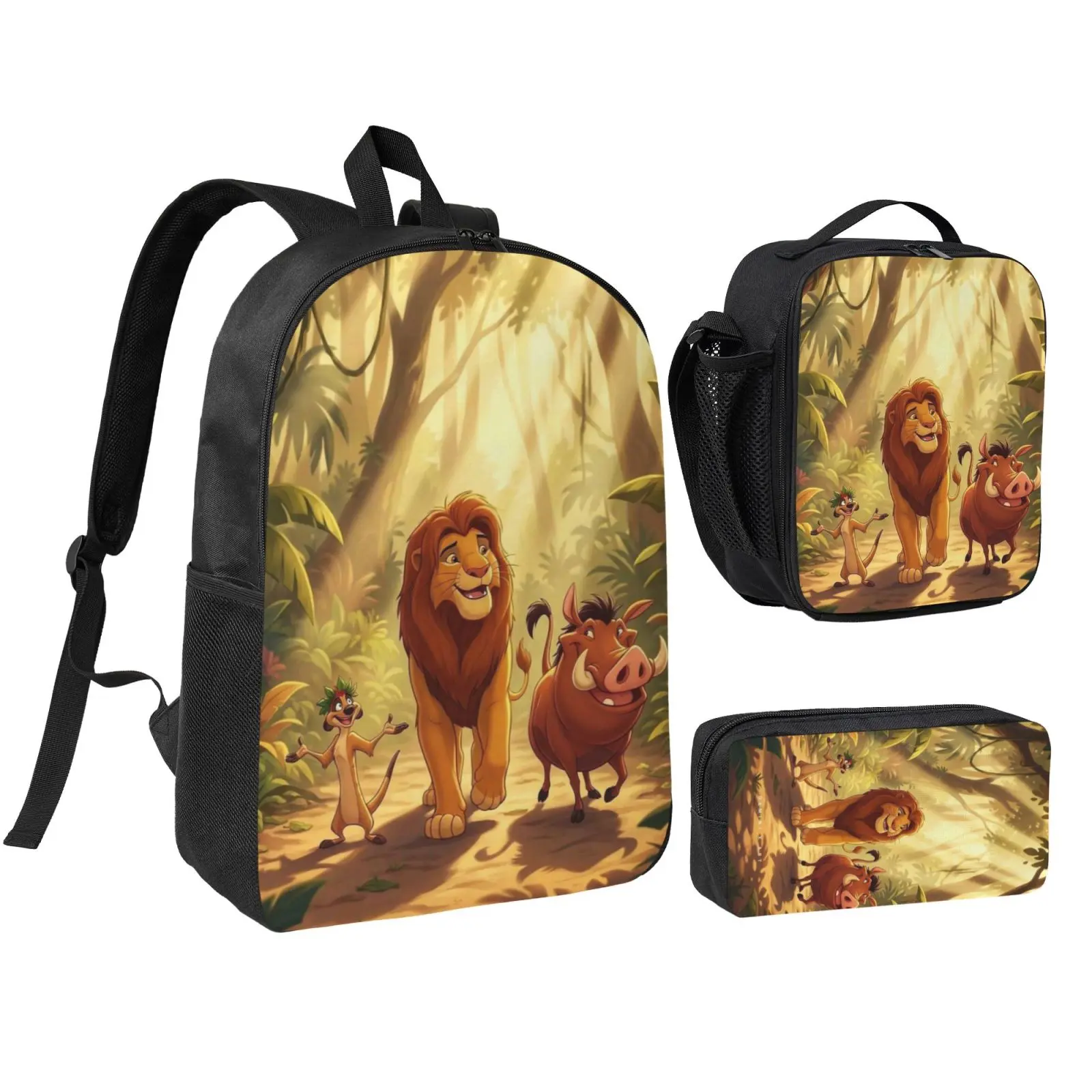 Anime Lion King 3 3-Piece Polyester School Backpack Set for Teens, Adjustable Strap Kids Bookbag with Insulated Lunch Bag & Pencil Case, Cute Print Lightweight Travel Daypack, Foam Lining, Christmas/Birthday/Party Gifts for Friends, Zip Closure