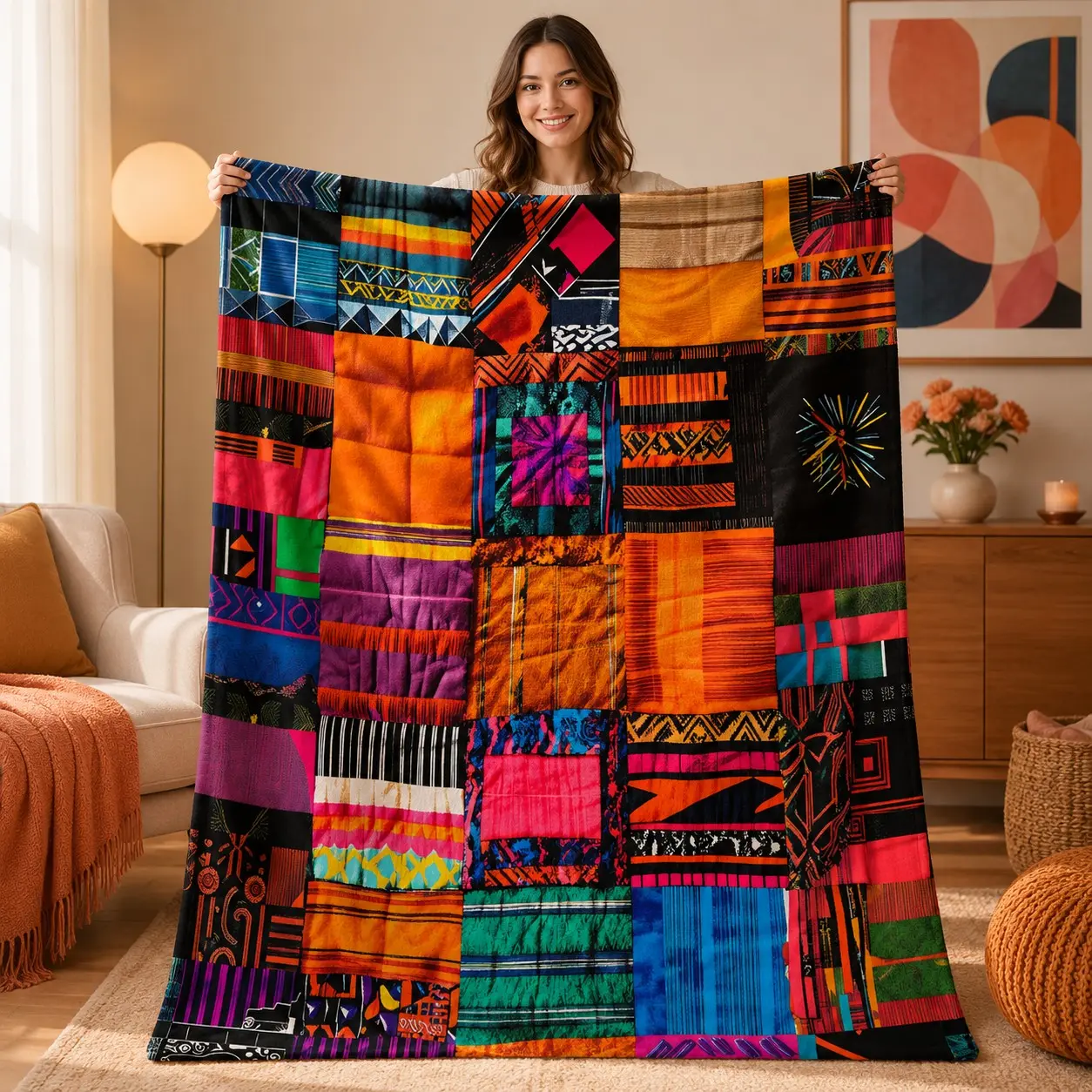 1pc Mexican Aztec Geometric Patchwork Fleece Blanket, Cozy Warm Blanket, Colorful Ethnic Block Fabric, Vintage Tribal Pattern All Over Print. Soft Warm Multi-use Throw for Sofa, Bed, Office, Camping, Ideal Christmas & Cultural Lover Gift.