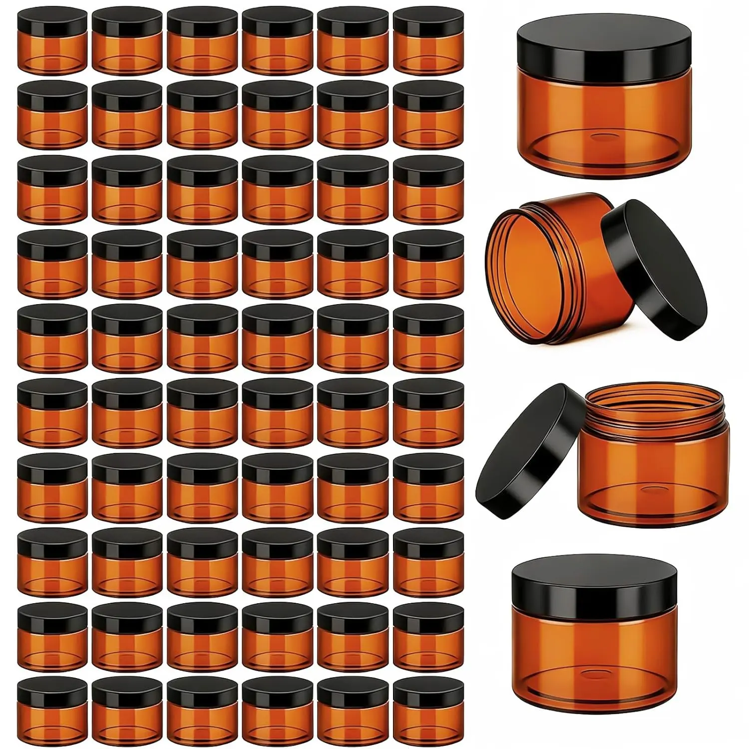 60 Pcs Plastic Containers with Lids, Round Leakproof Cosmetic Containers, Multipurpose Storage Jars for Makeup, Lotion, Ointment, Rhinestone Samples, Dry Food and Toiletries(Amber,6 oz)