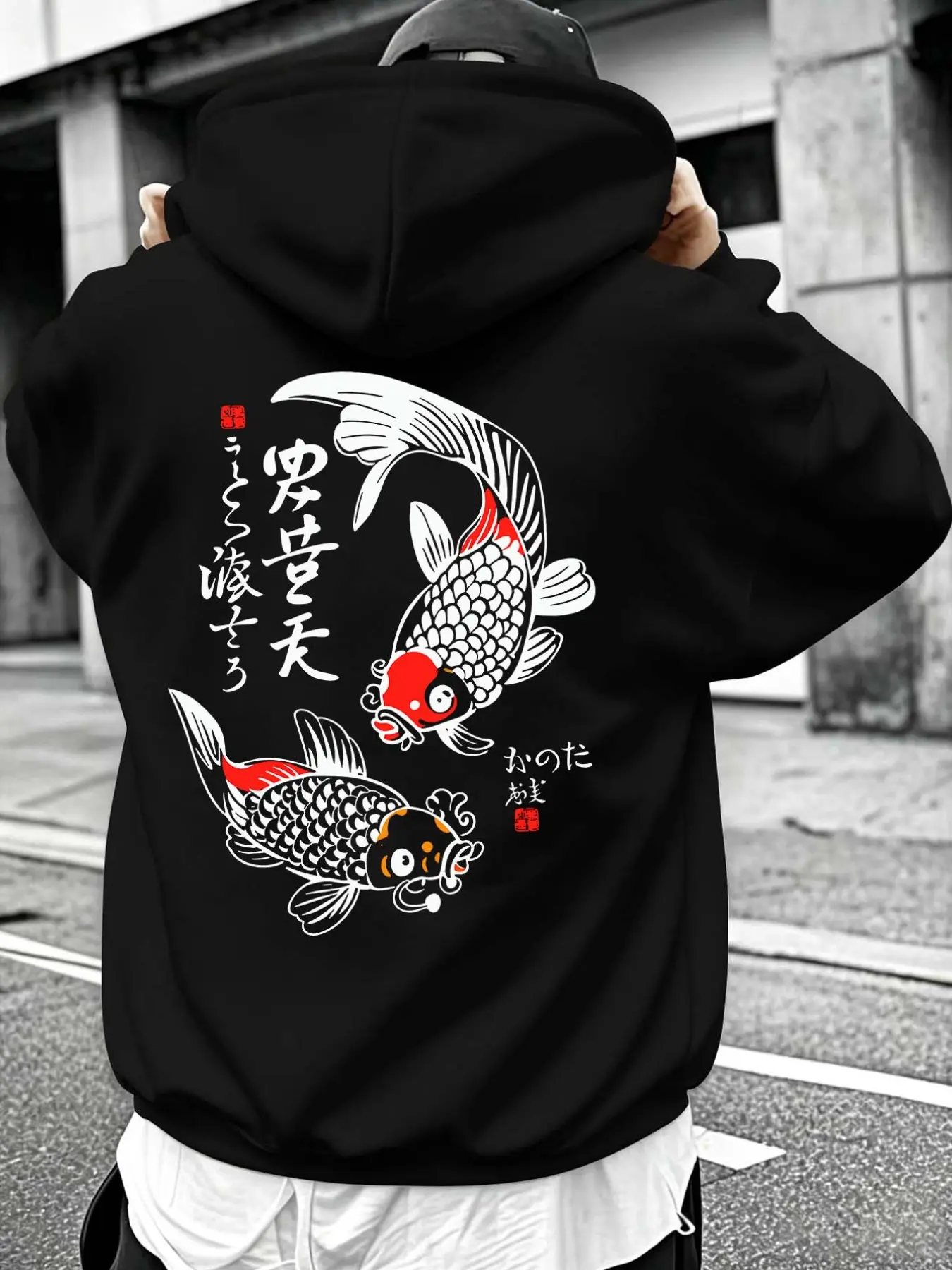 Men's Casual Hooded Sweatshirt, Japanese Ukiyo-E Koi Letter Print, Slim-Fit Long Sleeve, Fall & Winter Streetwear, Drawstring Pockets