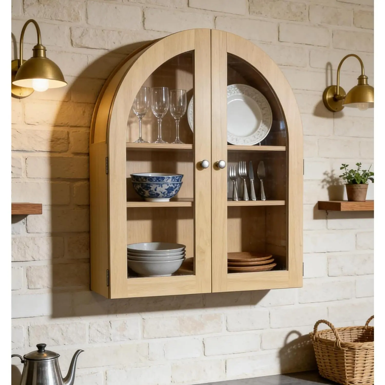 Arched Wall Mounted Medicine Cabinet – Acrylic Doors, Adjustable Shelves, Oak Finish – Home Bathroom Organizer Storage, Modern Vanity Cabinet