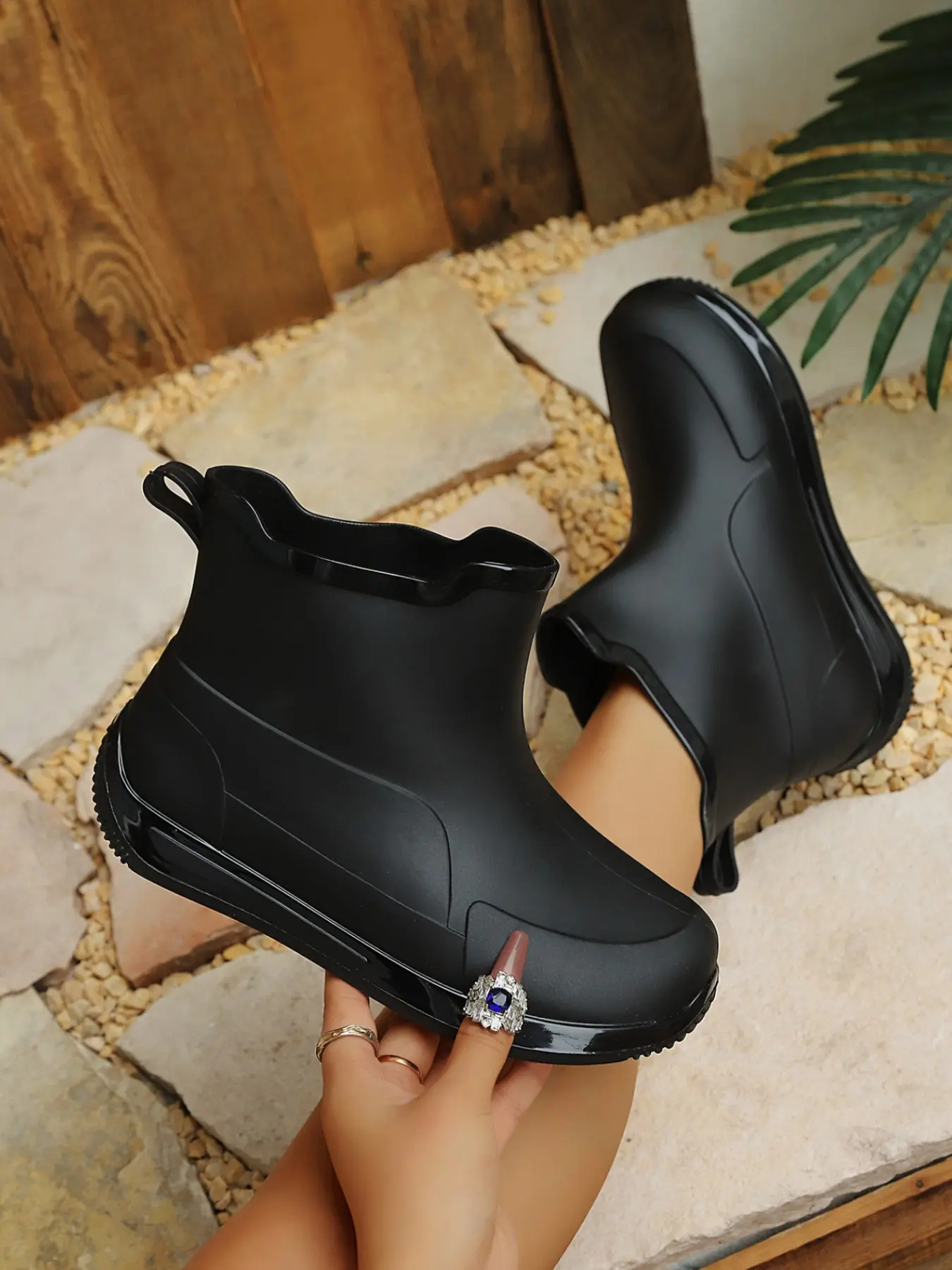 Women's Matte Black Contrast Red Edge Integrated Molded Short Ankle Rain Boots, Wavy Curved Top Line Rear Pull Tab Lightweight Waterproof Slip-On Wellies Outdoor Garden Rainy Day Casual Footwear Short Booties