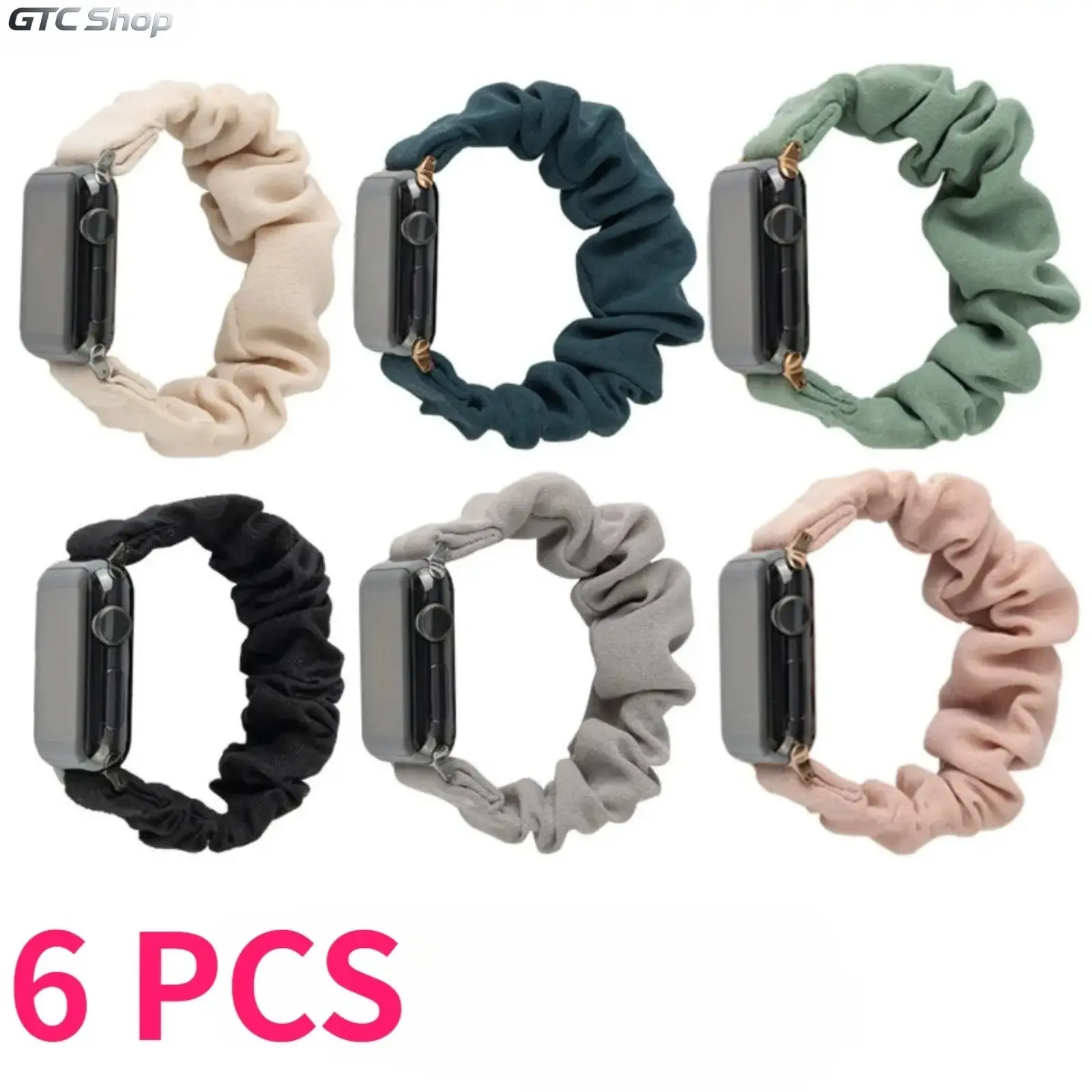 6PCS Nylon Scrunchie Watch Band, Stretchy Breathable Strap, Lightweight Soft Fabric Design Compatible with Apple Watch 7 S8 Ultra 2 for Daily Casual Wear, Only Watch Band Included