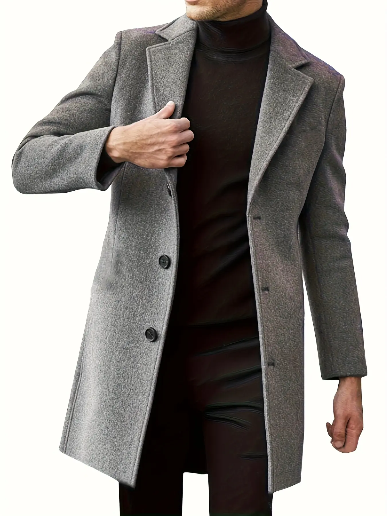 1 PC Men's British-style coat, a casual long-sleeved lapel single-button woolen suit-style overcoat, slim and stylish, windproof and warm, suitable for both daily and formal occasions