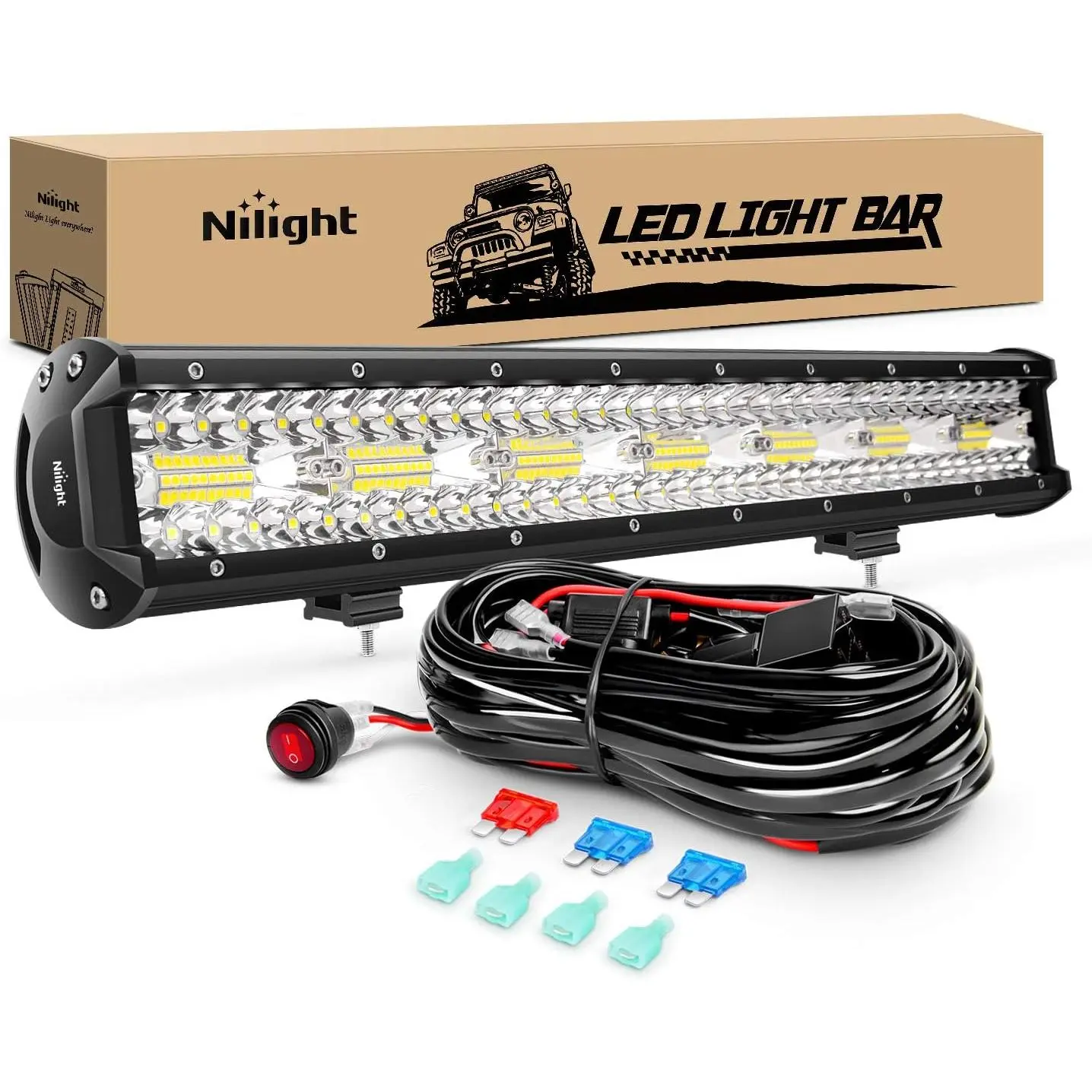 Nilight 20-Inch 420W Triple Row Flood Spot Combo LED Light Bar, 42000LM, Heavy-Duty Waterproof Wiring Harness, Off-Road Compatible Offroad Bars & Work Lights