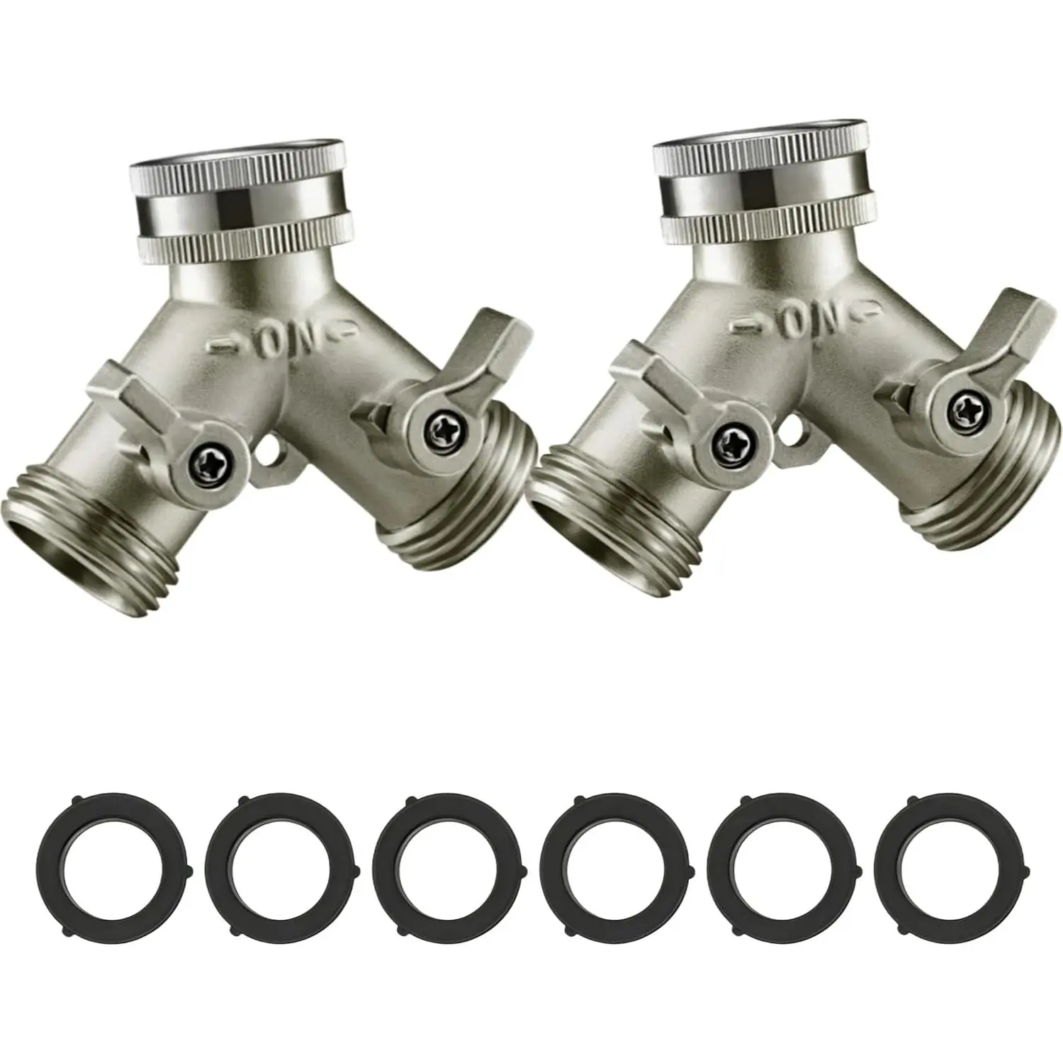 Nickel Plated Solid Brass Garden Hose Splitter, Heavy Duty 2 Way Y Faucet Adapter with  Shut Off Valves, Leak Proof 3/4 Inch Hose Bib Spigot for Outdoor, Includes 6 Extra Washers-2 Pack