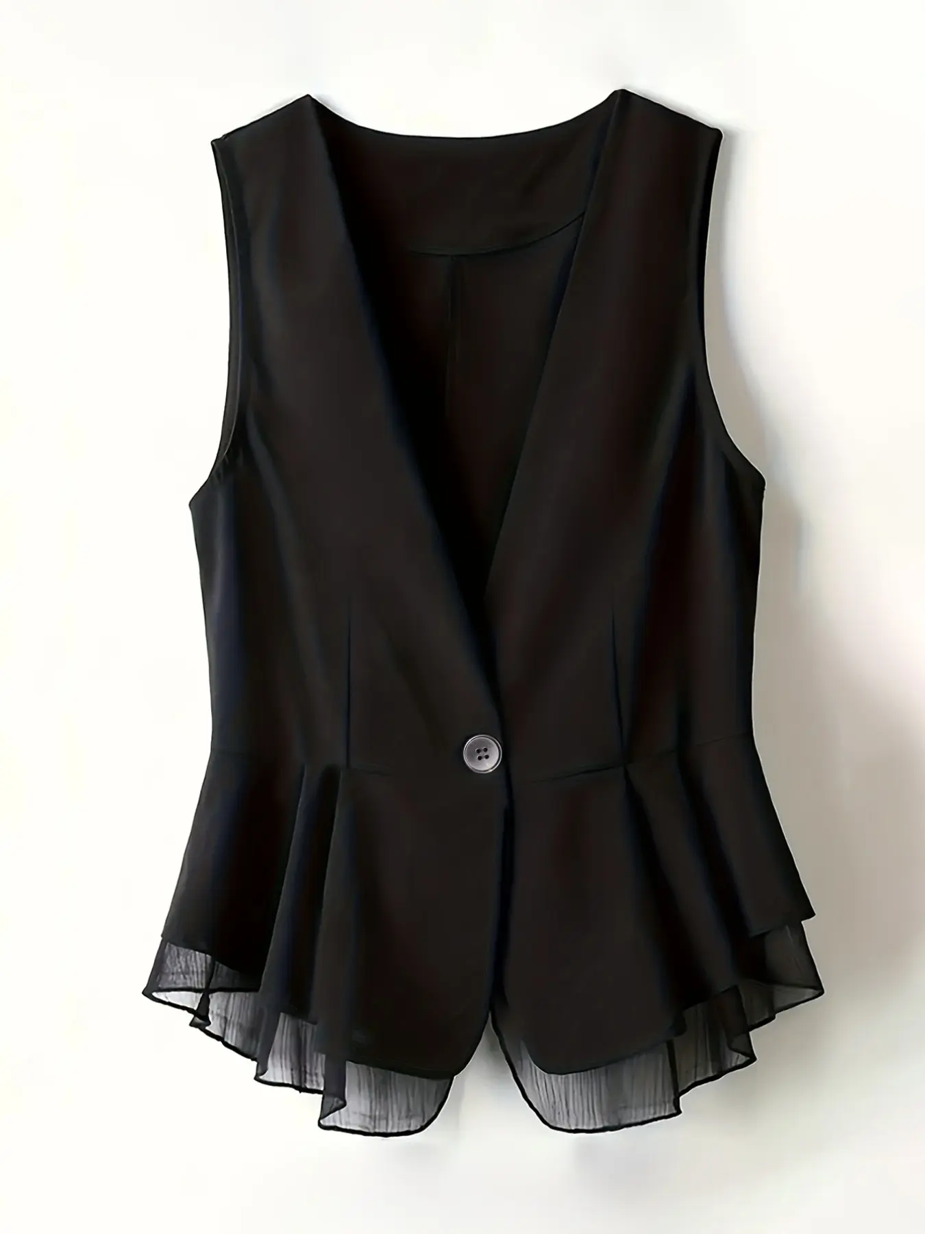Women's V-Neck Sleeveless Waistcoat, Elegant Chic Mesh Trimmed Vest, Crisp Fabric, Slimming Effect, Versatile Layering Piece