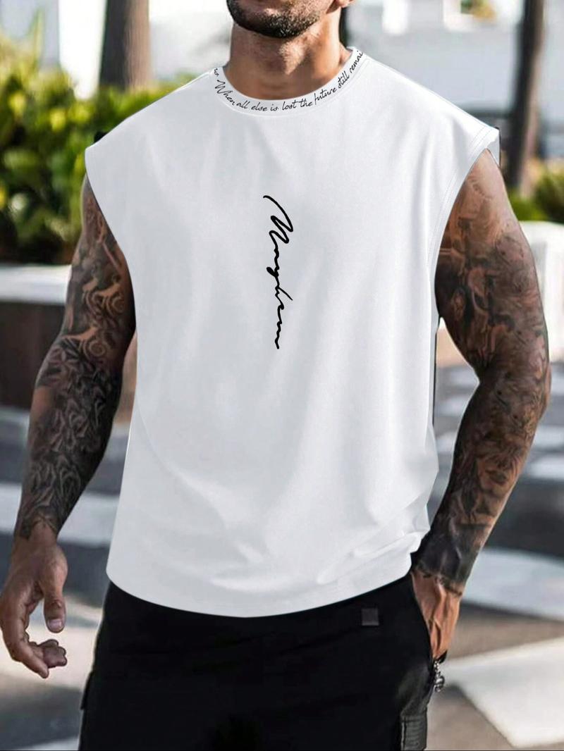 Men's Letter Print Round Neck Tank Top, Regular Fit Casual Sleeveless Crew Neck Top for Summer, Fashion Men's Clothes for Daily Wear, Casual Style Tee