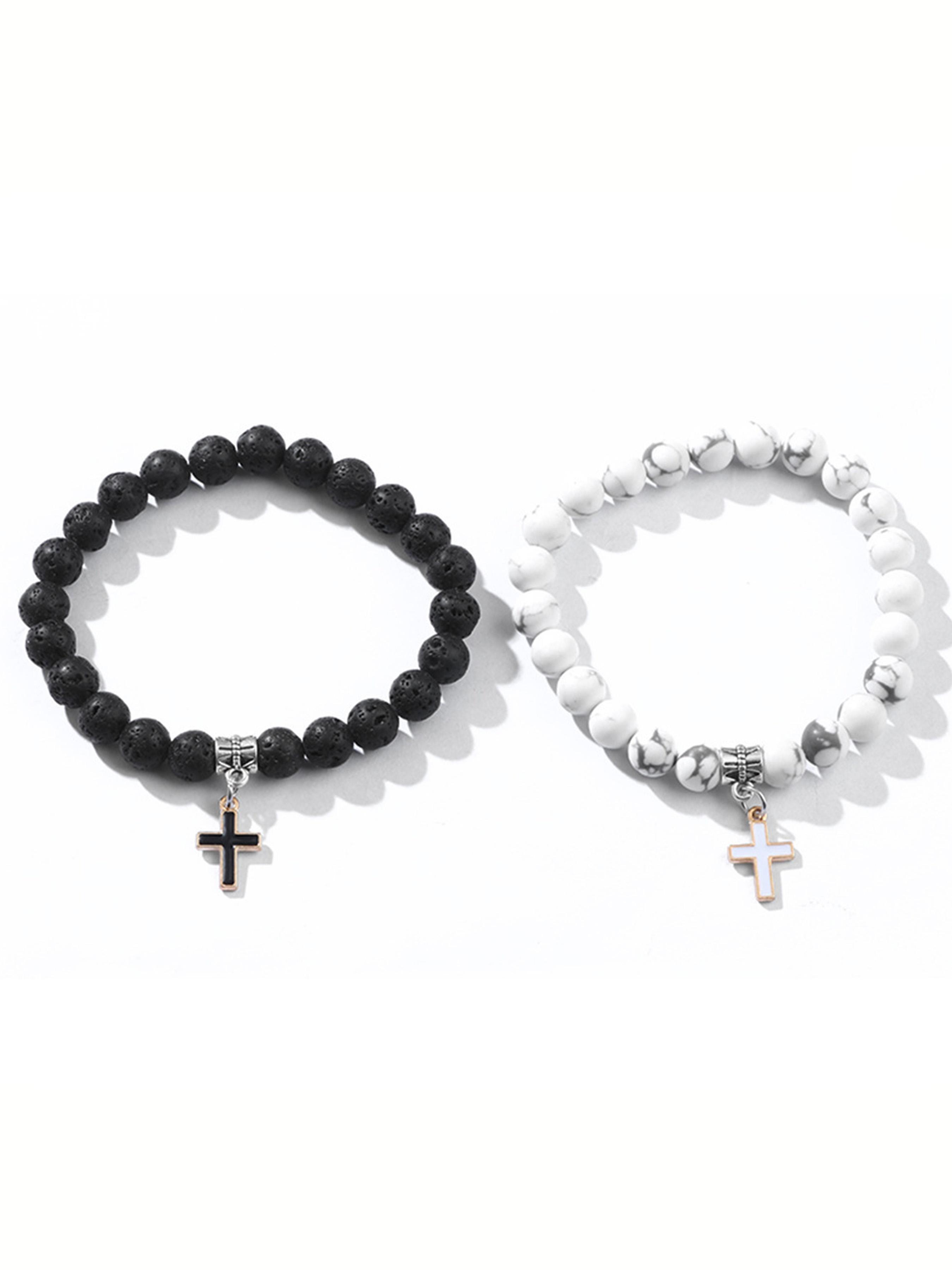 Stone & Cross Charm Decor Beaded Bracelets Set, Fashionable Jewelry for Women & Men, Trendy All-match & Exquisite Jewelry for Birthday Gift, Stackable Bracelets