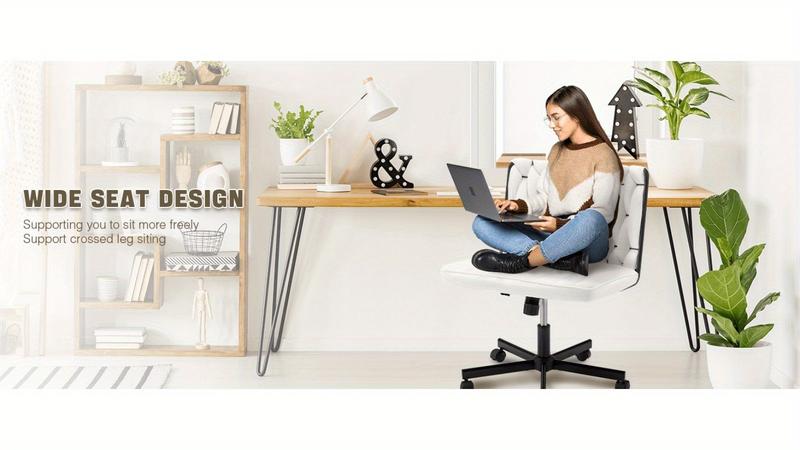 Criss Cross Desk Chair with Wheels, Extra Wide Armless Chair with Flannel Cushion, Adjustable Height & 135° Recline, Cross-Legged Office Chair for Home, Vanity, Study Room, White