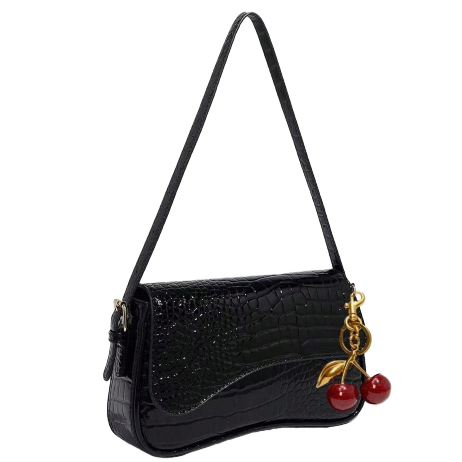 Women Faux Leather Shoulder Bag, Black Crocodile Pattern Square Bag, Versatile Patent Leather Purse, Y2K Crossbody/Underarm Bag, Fashionable Sling Bag, With Cherry Pendant Charm