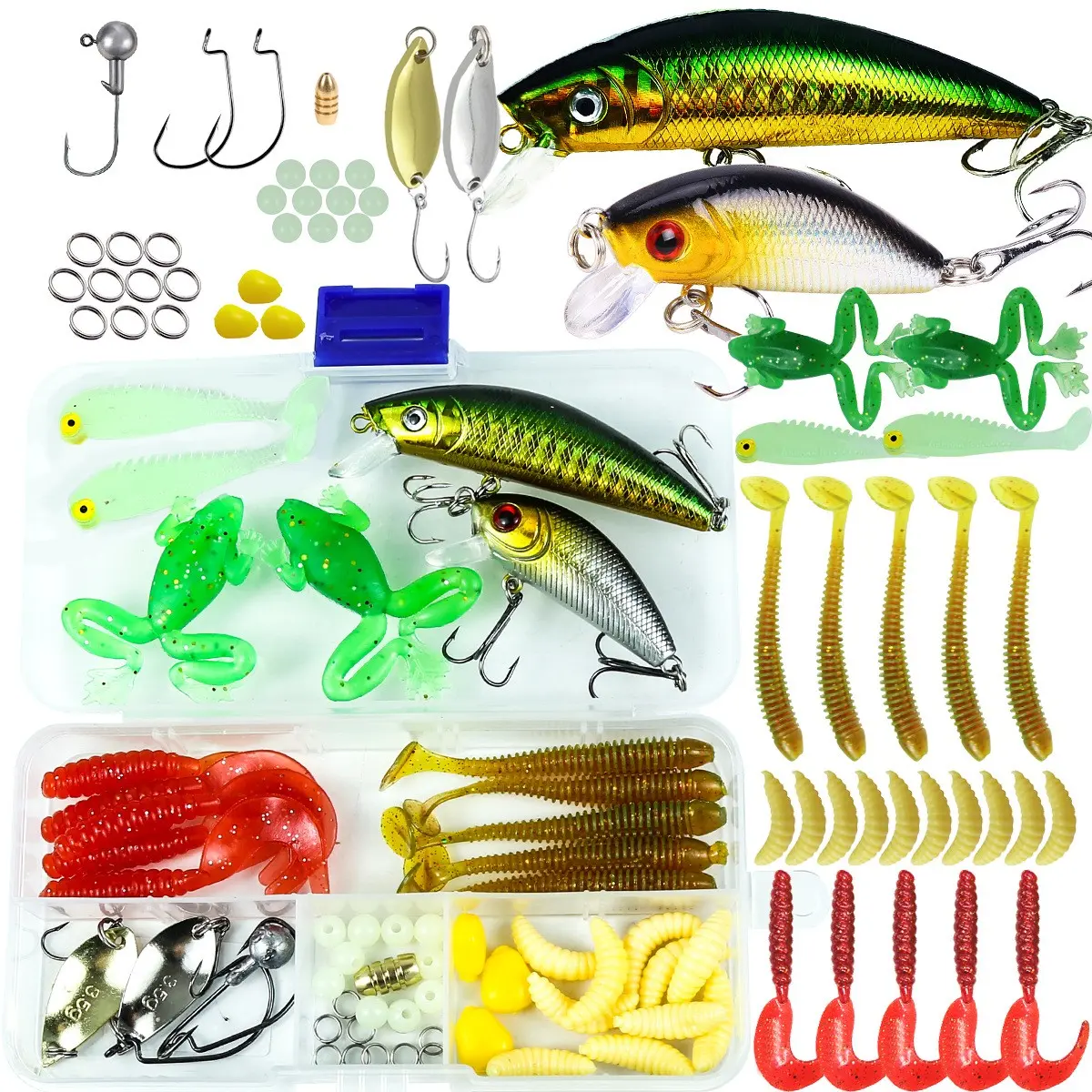 56-Piece Fishing Lure Set, Artificial Lures, Fishing Gear, Outdoor Fishing Supplies, Spoon Lures and Soft Plastic Worms for Bass, Trout, Salmon