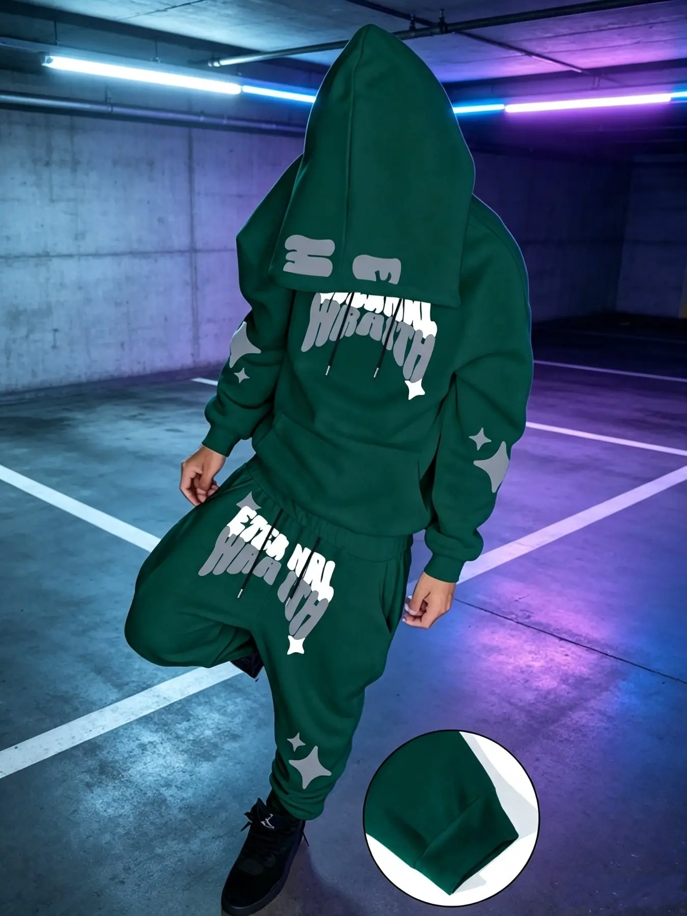 Men's Fall Winter Y2K Street Graffiti Star Letter Print Hoodie Set, Trendy and Artistic, Casual Fitted Suit, Unlined