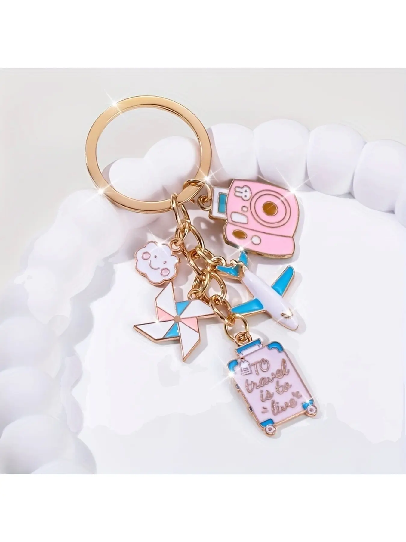 A Stylish And Classic Travel-Themed Keychain Featuring a Suitcase, Windmill, Camera, And Car, Perfect As a Gift