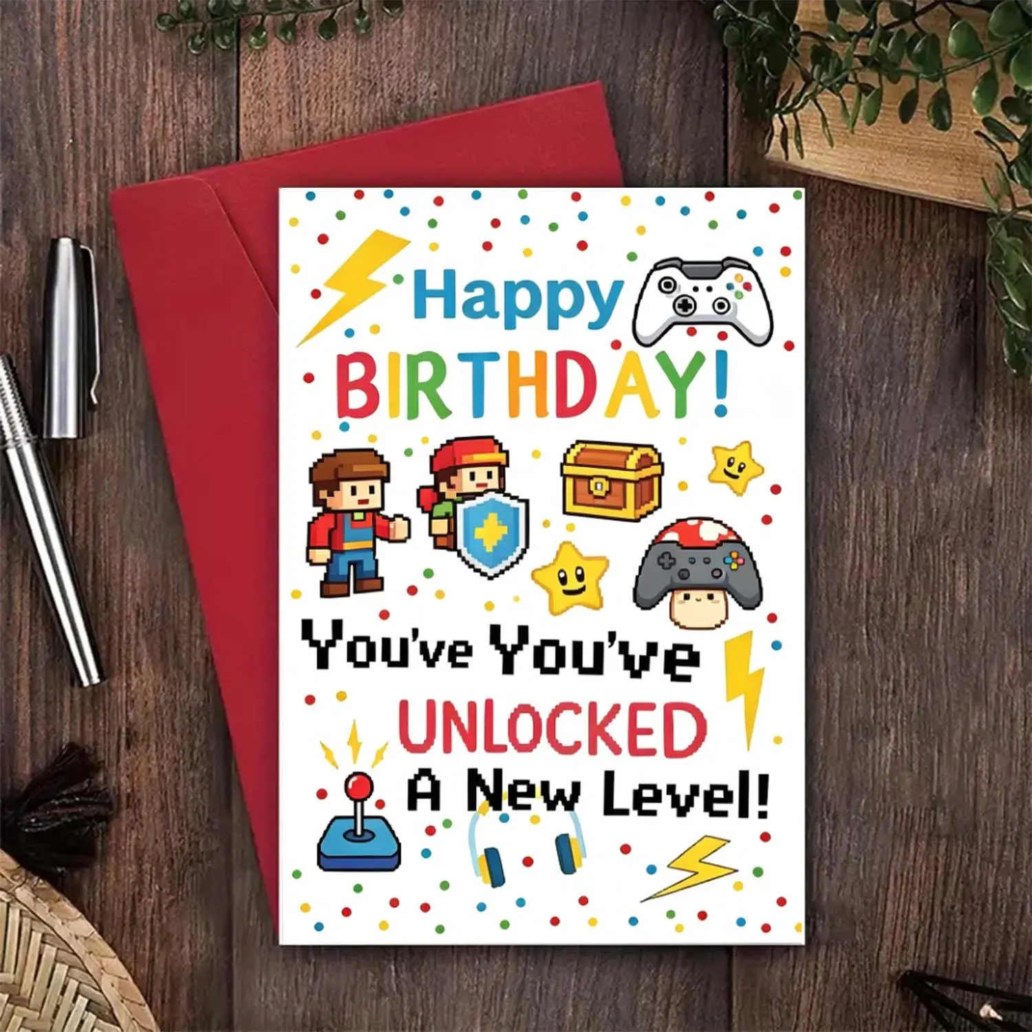 2Pcs (1 Card + 1 Red Envelope) Cardboard Printed Greeting Cards, Pixel Style Gamepad Vibrant Print, Unlock New Level Gifts for Friends/Family (Suitable for Birthdays, Independence Day)