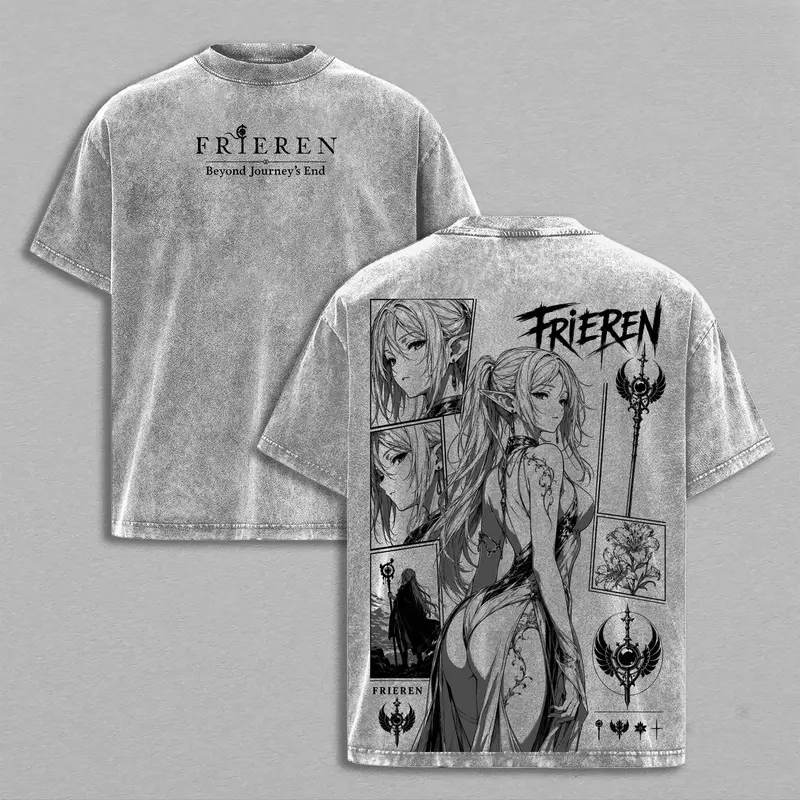 Frieren Beyond Journey's End Vintage Washed Tee, Frieren Elf Mage Gothic Tattoo Art, Dark Fantasy Anime Manga Graphic T-Shirt, Heavy Cotton Oversized Retro Streetwear, Unisex Fantasy Journey Merch
