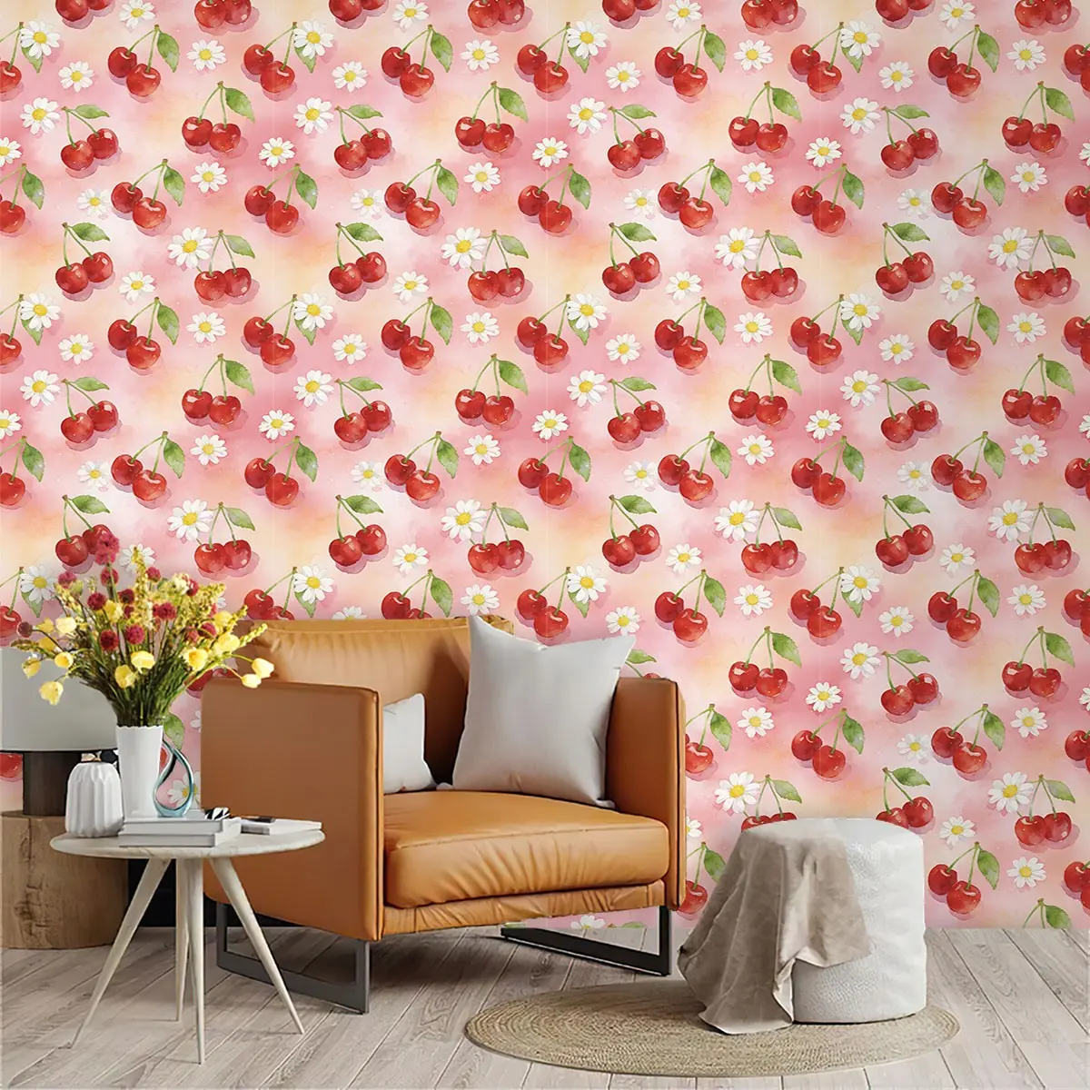 Watercolor Hand-Drawn Style Wallpaper, Cherry & Daisy Gradient Pattern, PVC Material, Peel-And-Stick, Living Room Decor, Mould-Proof
