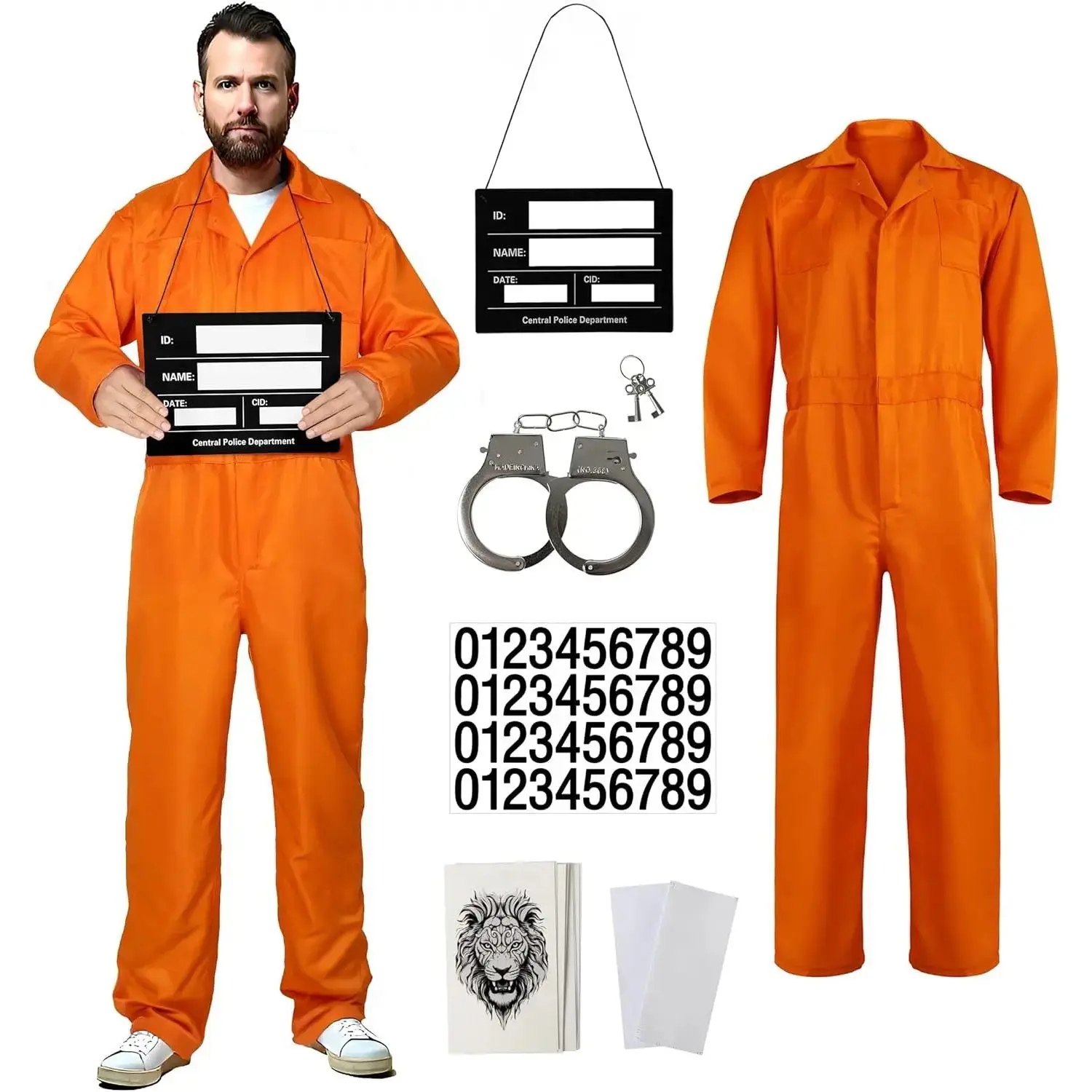 Men's Orange Prison Jumpsuit - Adult Inmate Jail Uniform, Halloween Costume, Prison Themed Party Role Play Outfit, Festive Party Accessory with Name Tag and Pockets
