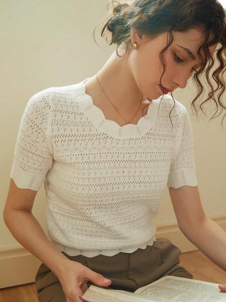 French Style Elegant Slim-Fit Casual Short Sleeve Pullover Knitted Top for Women, Fall & Winter Fashion, Random Pattern Design, Knitwear