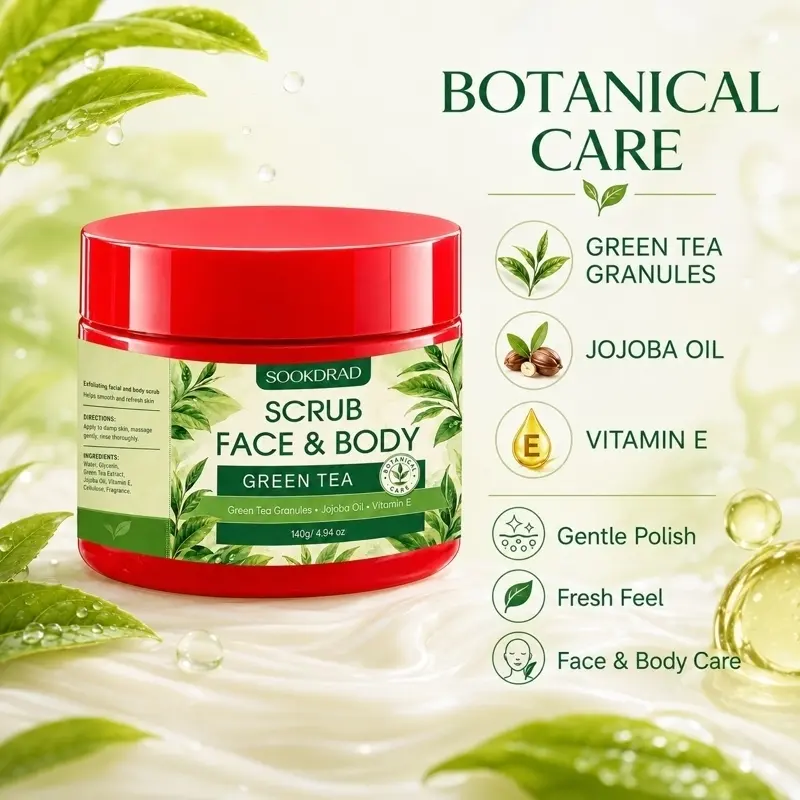 Green Tea Face & Body Scrub, Exfoliate Smooth Skin, Jojoba Oil, Vitamin E, Green Tea Granules, 140g