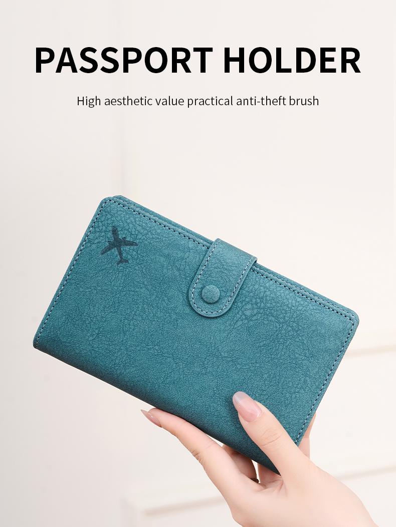 Anti-Theft Travel Passport Holder Wallet, Travel Document Holder, Airplane Design, Snap Closure, Multiple Card Slots & Coin Pocket, Durable Polyester Material