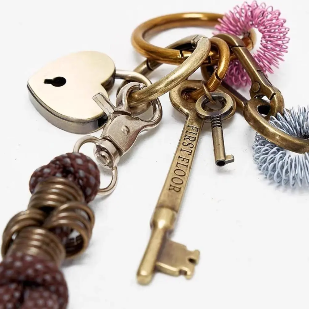 2Pcs Vintage Braided Rope Bag Charm Set | Antique Key & Heart Lock Woven Strap Keychain