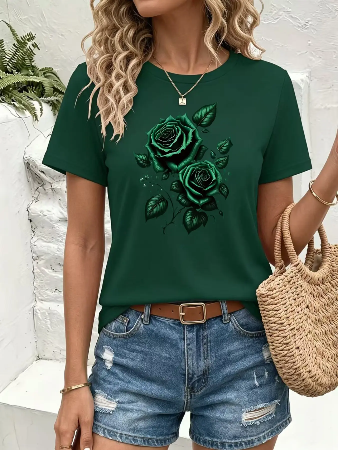 Roses Pattern Vintage T-Shirt, Short Sleeve Round Neck Casual Top, Spring Summer Women's Clothing, Slim-Fitting Floral Design
