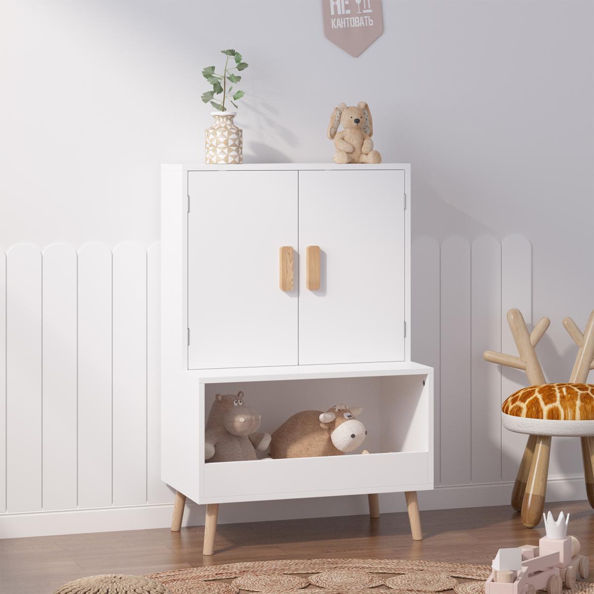 Kids Toy Storage Cabinet with Doors and Open Shelf, White Modern Wooden Organizer with Natural Wood Legs, Toddler Bookshelf for Playroom, Nursery, Bedroom